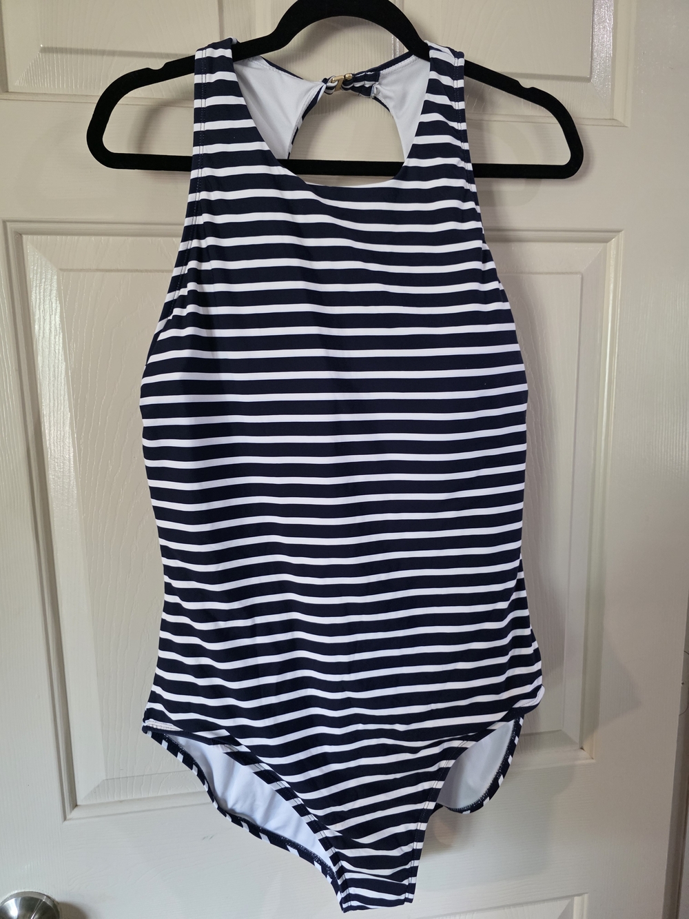 Lands' End Navy and White Striped High-Neck One-Piece Swimsuit